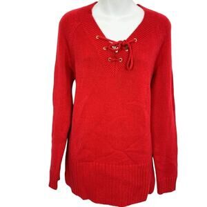 Liz Claiborne Womens Nautical Long Sleeve Red V-Neck Chunky Cotton Sweater M